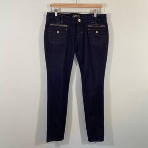 Vintage Y2K BEBE Women's Dark Wash Low Rise Gold Zipper Skinny Jeans Size 30